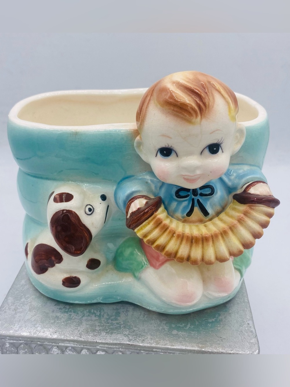 Vintage Rubens Original Ceramic Baby Planter with Accordion & Dog Japan 40s-60s